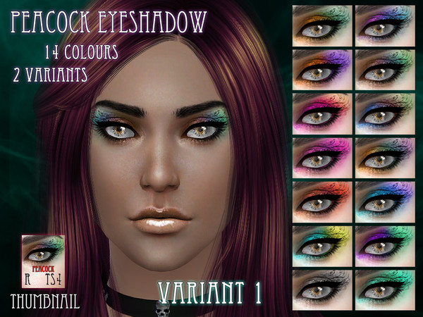 Sims 4 — Peacock Eyeshadow by RemusSirion — Eyeshadow for female sims in peacock style, 14 colours in 2 variants, with