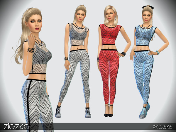 Sims 4 — ZigZag by Paogae — Young outfit, top and leggings, with zigzag pattern in three colors, many uses. Categories: