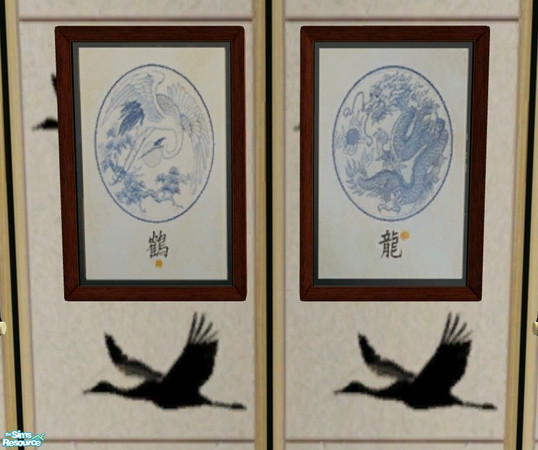 Sims 2 — Dansei Bedroom - Painting by Riverwillows — Beautiful, delicate rice paper drawings of a dragon and a crane.