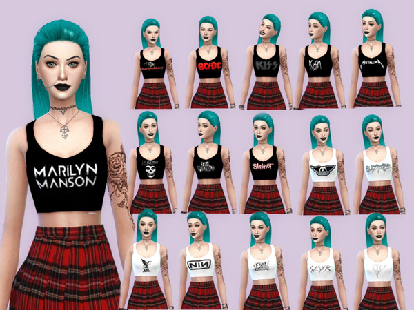 Sims 4 — Rock Bustier  by HeavySimmer — 18 shirts with logos of different rock bands! Enjoy! &amp;#9829;