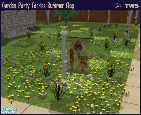 Sims 2 — Garden Party Faeries Summer Flag by wildstar24 — Features three country-styled garden faeries; text reads