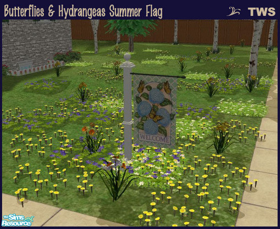 Sims 2 — Butterflies & Hydrangeas Summer Flag by wildstar24 — Features butterflies flying through blue hydrangea