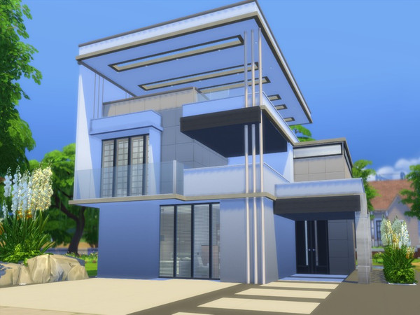 Sims 4 — Modern Creme by Suzz86 — Modern Home featuring open kitchen, dining area,livingroom,and office with fireplace. 2