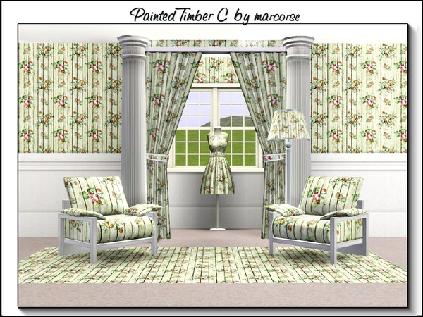 Sims 3 — Painted Timber C_marcorse by marcorse — Wood pattern _ painted timber with a floral spray design in pink and
