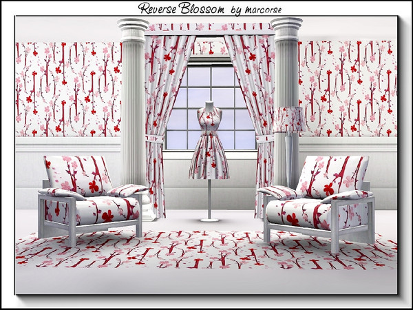 Sims 3 — Reverse Blossom_marcorse by marcorse — Fabric pattern: twigs of pink/red Spring blossom in upright and reverse