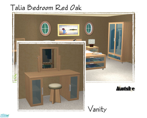 Sims 2 — Talia Bedroom Redoak - Vanity by Mutske — Requires Seasons. In Redoak, and glass doors. Fully Working. Cushion