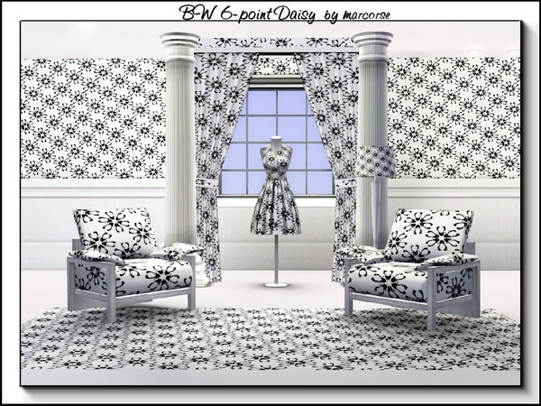 Sims 3 — BW 6-Point Daisy_marcorse by marcorse — Fabric pattern: black six-petal daisies on white