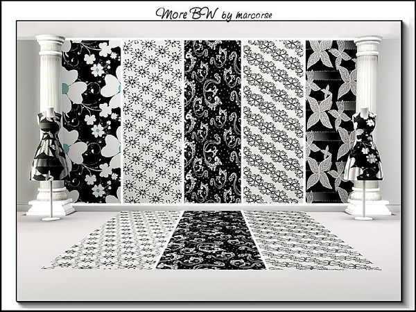 Sims 3 — More Black-and-White_marcorse by marcorse — Five black and white floral designs. Gondola and BW Oblique Abstract