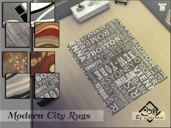 Sims 4 — Modern City Rugs Set by Devirose — Eight modern carpets, four in each file. Have fun mixing them in a modern