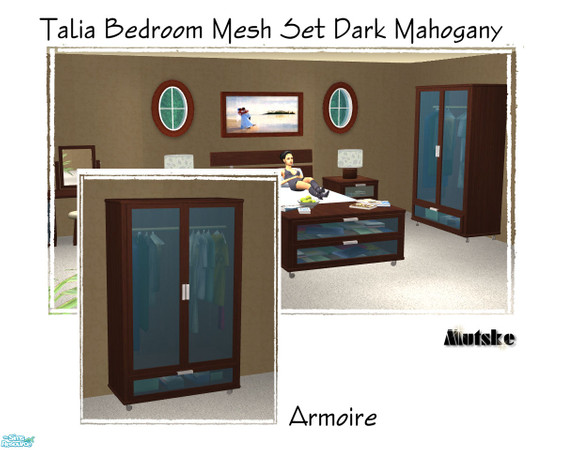 Sims 2 — Talia Bedroom Meshset - Armoire by Mutske — Requires Seasons. In Dark Mahogany, and glass doors. Fully Working.
