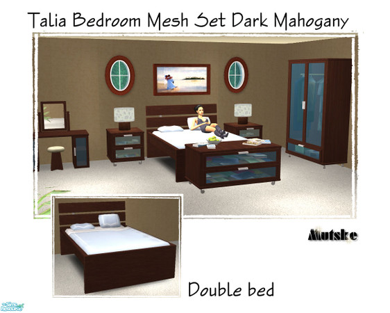 Sims 2 — Talia Bedroom Meshset - Double Bed by Mutske — In Dark Mahogany. Fully Working.