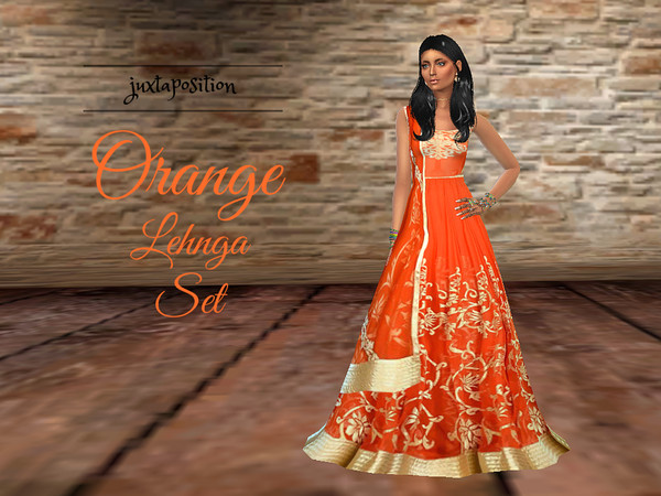 Sims 4 — Orange Lehnga Set by Juxtaposition — Orange Corset with tie up detail at the back. Golden applique work adorn