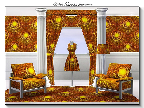 Sims 3 — Aztec Suns_marcorse by marcorse — Abstract pattern: Aztec radiant sun motif in orange and yellow