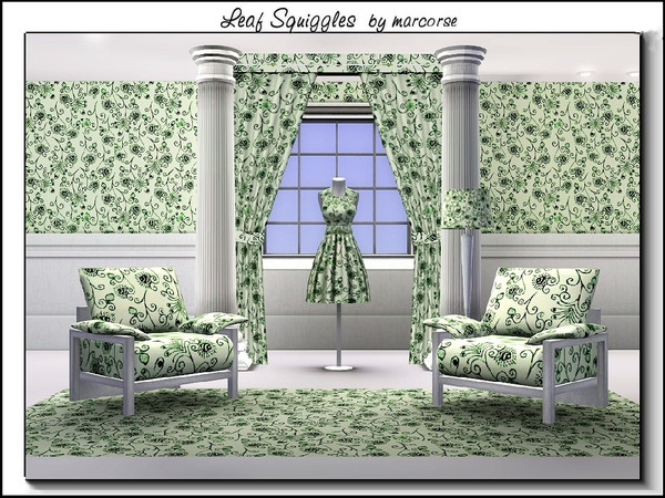 Sims 3 — Leaf Squiggles_marcorse by marcorse — Abstract pattern: leave and flourish elements in pale green on ivory