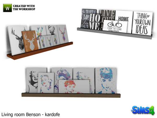 Sims 4 — kardofe_Living room Benson_Pictures by kardofe — Wooden shelves with six paintings 