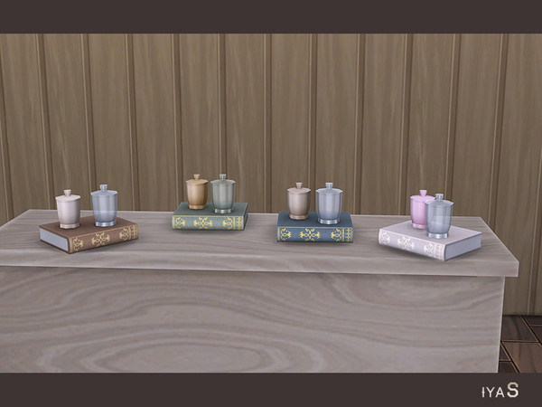 Sims 4 — Sunny Morning Two Jars on a Book by soloriya — Ceramic and glass jars on a pretty book. 4 color variations.