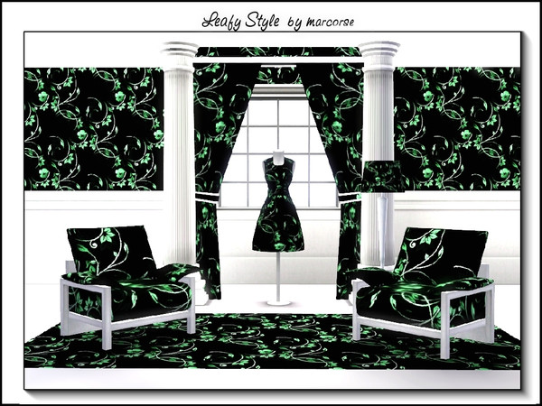 Sims 3 — Leafy Style_marcorse by marcorse — Abstract pattern: flourishes and green leaves on black