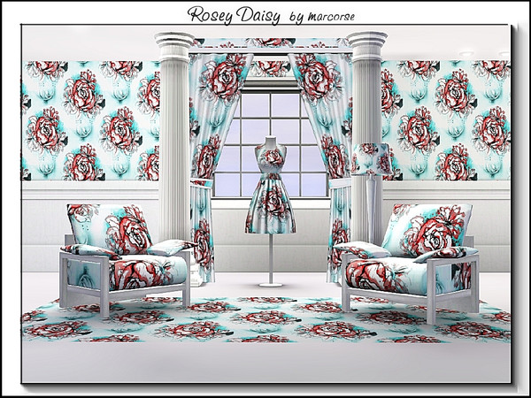 Sims 3 — Rosey Daisy_marcorse by marcorse — Fabric pattern: red and white rose and daisy with aqua accents on white