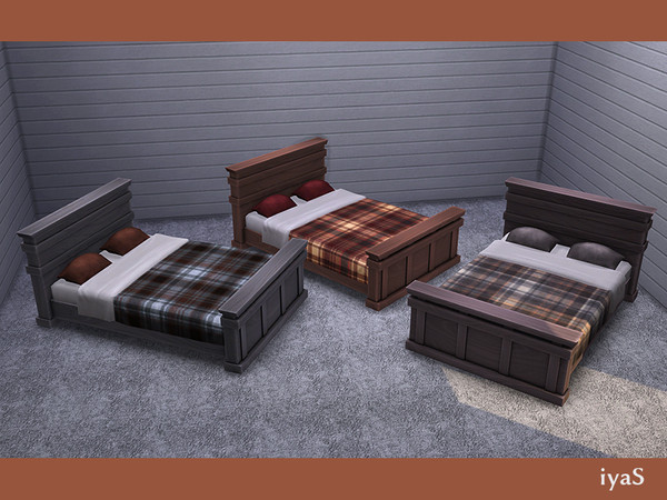 Sims 4 — Forest Fantasy Bed by soloriya — Wooden rustic bed with tartan pattern. Use bed cover and pillows from this set
