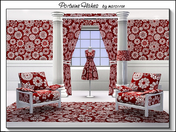 Sims 3 — Portwine Flakes_marcorse by marcorse — Fabric pattern: snowflake elements in white on portwine red