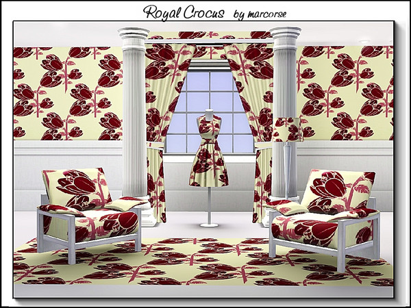 Sims 3 — Royal Crocus_marcorse by marcorse — Fabric pattern: deep maroon crocus flowers in an upright design on creamy