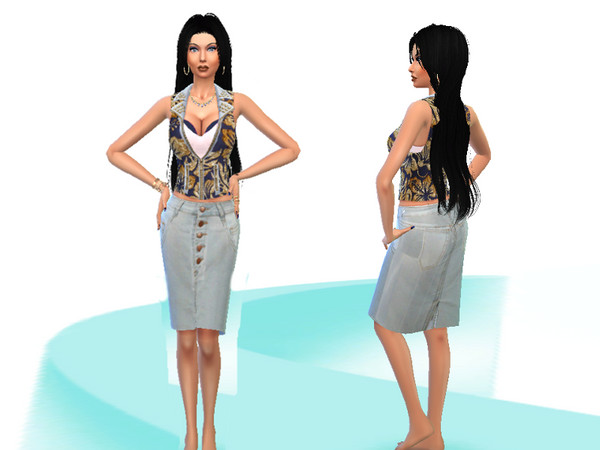 Sims 4 — DENIM SKIRT & TOP  by al_amanecer — 2 PARTS -DENIM SKIRT -MINI JACKET WITH GOLDEN FLOWERS PATTERN