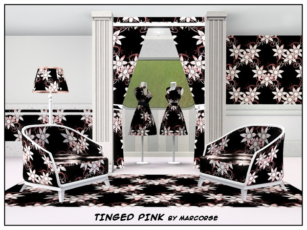 Sims 3 — Tinged  Pink_marcorse by marcorse — Fabric pattern: white clematis flowers tinged pink on black