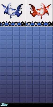 Sims 2 — Pale Blue Dancing Koi Tile Wall by ToreySim — Blue and Red Koi pose over waves atop an ocean of pale blue tile.