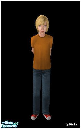 Sims 2 — Boys Will Be Boys part 3 - 4 by Ninika — A basic outfit for your boys. Orange tee with dark blue jeans.