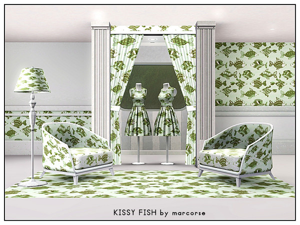Sims 3 — Kissy Fish_marcorse by marcorse — Themed pattern: Stylised fish with pouty lips in green and brown. 