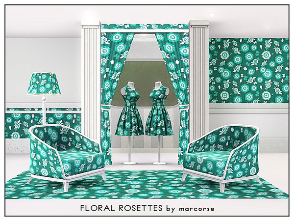Sims 3 — Floral Rosettes_marcorse by marcorse — Fabric pattern: floral roestte shapes and butterflies in aqua, deep teal