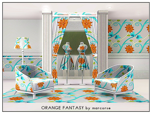 Sims 3 — Orange Fantasy_marcorse by marcorse — Fabric pattern - fantasy orange flowers with aqua and blue foliage.
