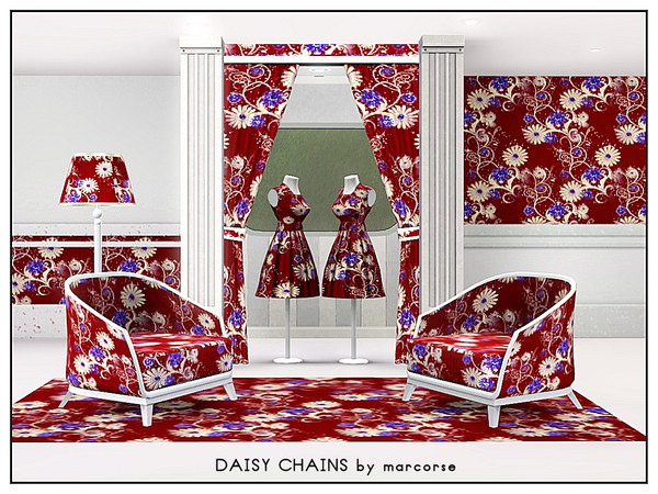 Sims 3 — Daisy Chains_marcorse by marcorse — Fabric pattern: bold daisy chains in blue and white on burgandy