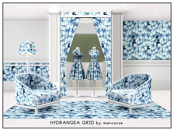 Sims 3 — Hydrangea Grid_marcorse by marcorse — Fabric pattern: blue hydrangea florets in a regular grid design