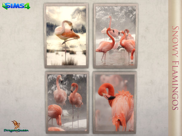 Sims 4 — Snowy Flamingos by DragonQueen — Flamingos...in snow...? Yes, it happens. Enjoy the proof in this set of four
