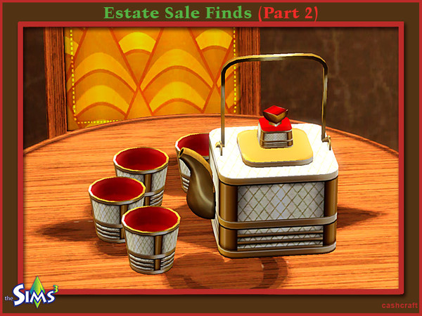 Sims 3 — Estate Sale Finds Tea Set Gold by Cashcraft — Gold embossed tea set with clean stylish lines and red trim.