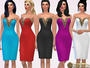 Sims 4 — Gold Metallic Applique Midi Dress by Harmonia — Bandeau midi bodycon dress with a sweetheart neckline featuring