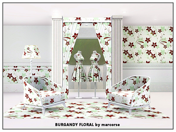 Sims 3 — Burgandy Floral_marcorse by marcorse — Fabric pattern: simple daisy design in burgandy and green on white