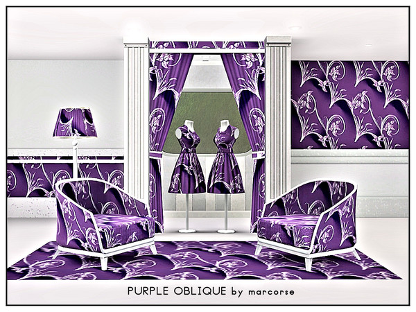 Sims 3 — Purple Oblique_marcorse by marcorse — Abstract pattern: diagonal design with leaves and scrolls in pure purple