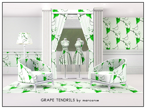 Sims 3 — Grape Tendrils_marcorse by marcorse — Themed pattern: grape tendrils and leaves in green on white