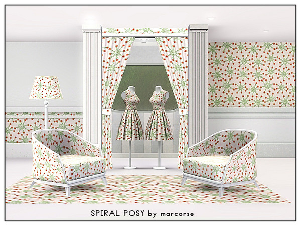 Sims 3 — Spiral Posy_marcorse by marcorse — Fabric pattern: stylised rosebud 'flowers' with spiral centres in red and