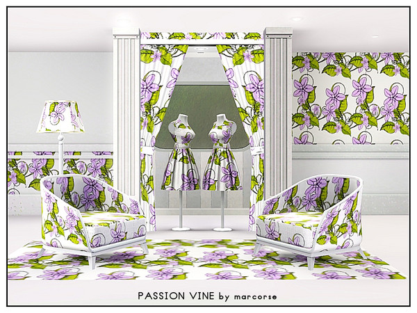 Sims 3 — Passion Vine_marcorse by marcorse — Fabric pattern - purple passionfruit vine flowers and leaves.
