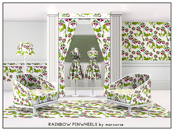 Sims 3 — Rainbow Pinwhels_marcorse by marcorse — Fabric pattern - fantasy flowers in rainbow colours against green