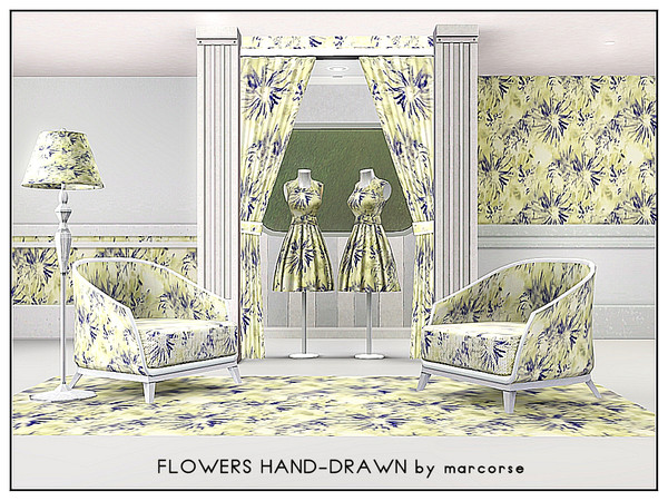 Sims 3 — Flowers Hand-drawn_marcorse by marcorse — Fabric pattern: hand drawn spider flowers in blue and yellow