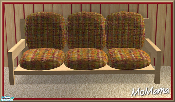 Sims 2 — NK Homeright Comfy LR - Sofa by MoMama — A sofa in white beech wood with multi-colored tweed cushions.