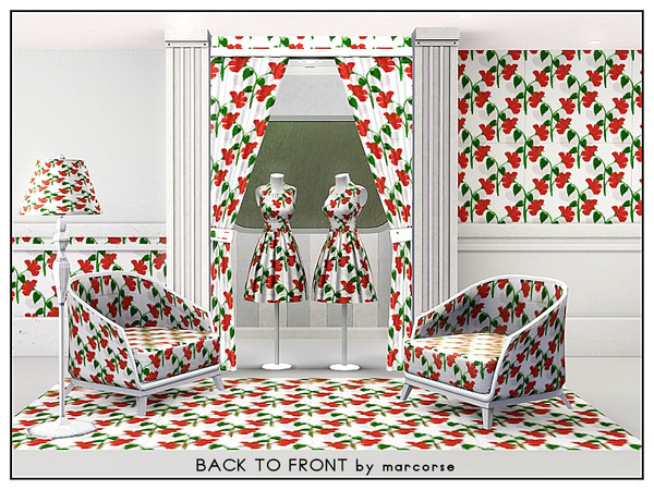 Sims 3 — Back to Front_marcorse by marcorse — Fabric pattern: pairs of red flowers in a back to front design on white