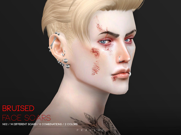 Sims 4 — BRUISED Face Scars N02 by Pralinesims — 14 individual face scars, which also come in 6 combinations. 2 colors.