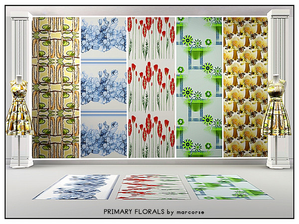 Sims 3 — Primary Florals_marcorse by marcorse — Five floral patterns. All are found in Fabric, except Honey Trees/Window