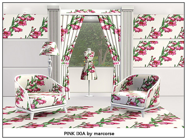 Sims 3 — Pink Ixia_marcorse by marcorse — Fabric pattern - stems of deep pink ixia in a diagonal design.