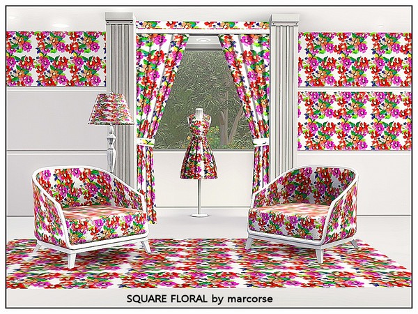 Sims 3 — Square Floral_marcorse by marcorse — Fabric pattern - multicoloured flowers in red and orange tones in a square